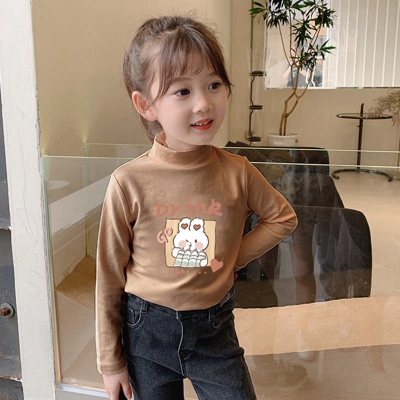 Children'S Base Shirt Half-High Collar Girl'S White Baby'S Long-Sleeved T-Shirt De-Velvet Base T-Shirt - Image 1