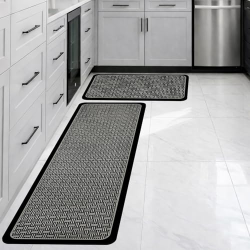 CANWAY Kitchen Mat Black Checks Design – Set of 2 (40×60 & 120×40 CM) Water Absorbing, Anti-Slip, Waterproof & Washable Kitchen Floor Mats for Home Use - Image 1