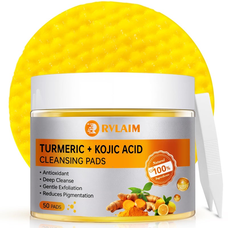 Rvlaim Turmeric Kojic Acid Cleansing Pads, 50 PCS Turmeric Pads for Face Dark Spots Cleansing & Exfoliation - Image 1