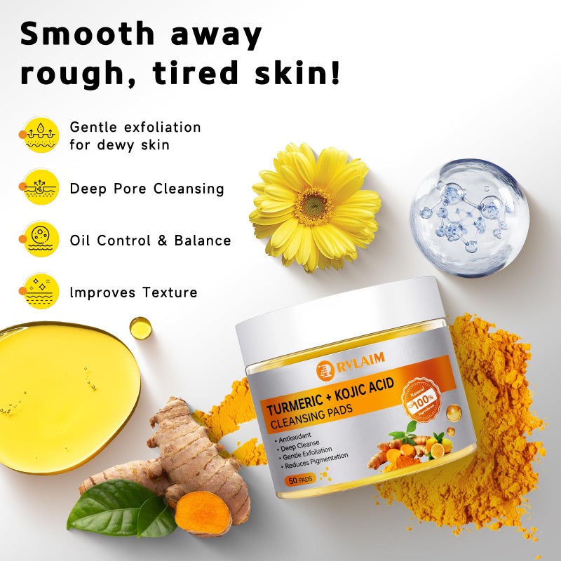 Rvlaim Turmeric Kojic Acid Cleansing Pads, 50 PCS Turmeric Pads for Face Dark Spots Cleansing & Exfoliation - Image 4