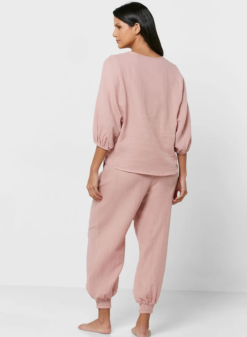 Penyemood Button Detail Top & Pyjama Set
