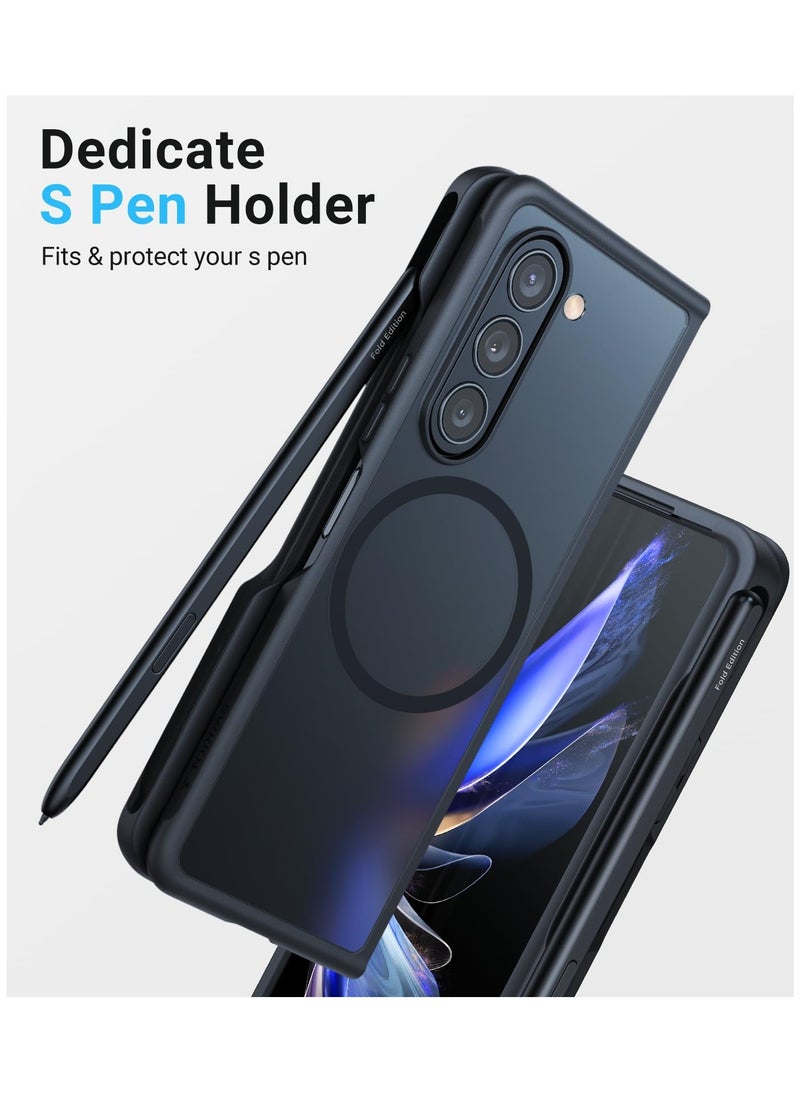 TORRAS - Magnetic Shockproof Designed For Samsung Galaxy Z Fold 5 Case With Pen Holder Military Grade Drop Tested Translucent Slim Phone Case Black - Image 1