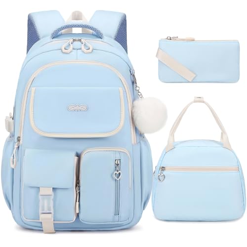 DIGOBAY Backpacks for Girls 3PCS School Backpack with Lunch Box Pencil Pouch for Teen Girls Kids Elementary Primary Middle High College Travel School bag Bookbag Set Blue - Image 1