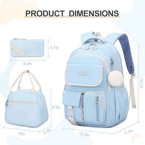 DIGOBAY Backpacks for Girls 3PCS School Backpack with Lunch Box Pencil Pouch for Teen Girls Kids Elementary Primary Middle High College Travel School bag Bookbag Set Blue - Image 3