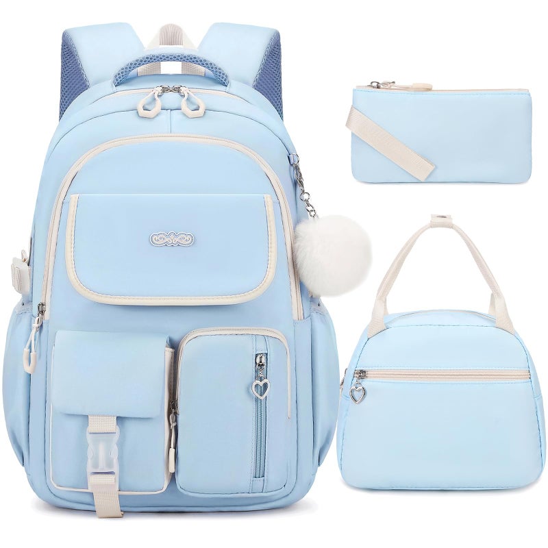 DIGOBAY Backpacks for Girls 3PCS School Backpack with Lunch Box Pencil Pouch for Teen Girls Kids Elementary Primary Middle High College Travel School bag Bookbag Set Blue - Image 2