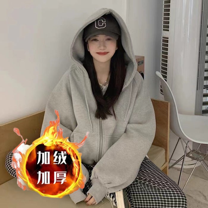 Gray Hoodie Jacket Women Spring Autumn Casual Sport Zip-up Warm Fleece 2024 New Gray fleece-lined style