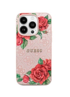 GUESS iPhone 16 Pro PU 4G Hard Case with Roses and Metal Logo / Shock Absorption / Raised Bezels / Slim and Lightweight Back Cover - Pink 