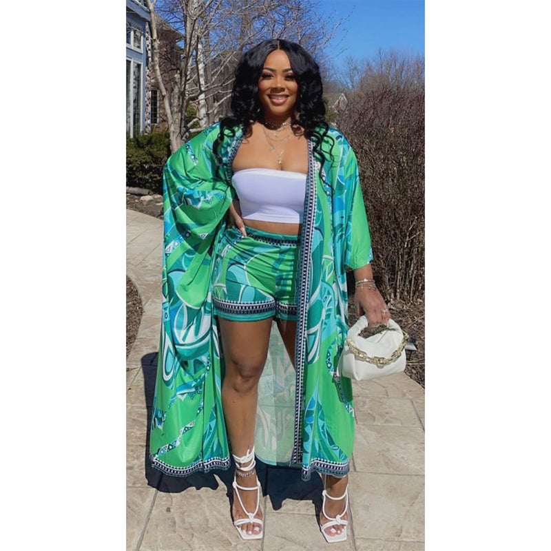 QegarTop Kimono Sets Trendy Two 2 Piece for Women Short Sets hawaiian Outfits Flowy Vacation Shorts Set Green M - Image 5