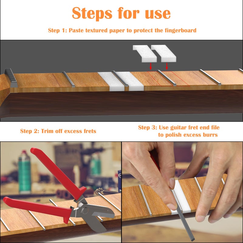 Vacaboro Fret End Dressing File, Fix Sharp Guitar Fret Ends - Professional Luthier Tool - Double-Side Fret File - Fret Crowning File For Rounding, Shaping, and Deburring, Works on All Frets, with Clean Brush - Image 3