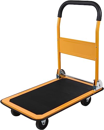 LEADALLWAY Foldable Push Cart Platform Cart 330lbs Capacity 4 Wheels 287x185x323inches Yellow Small Flatbed Cart