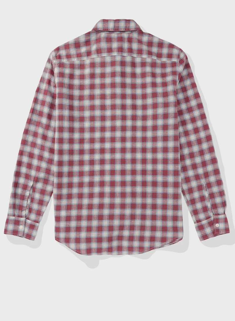 American Eagle Checked Slim Fit Linen Blend Button Down Shirt
