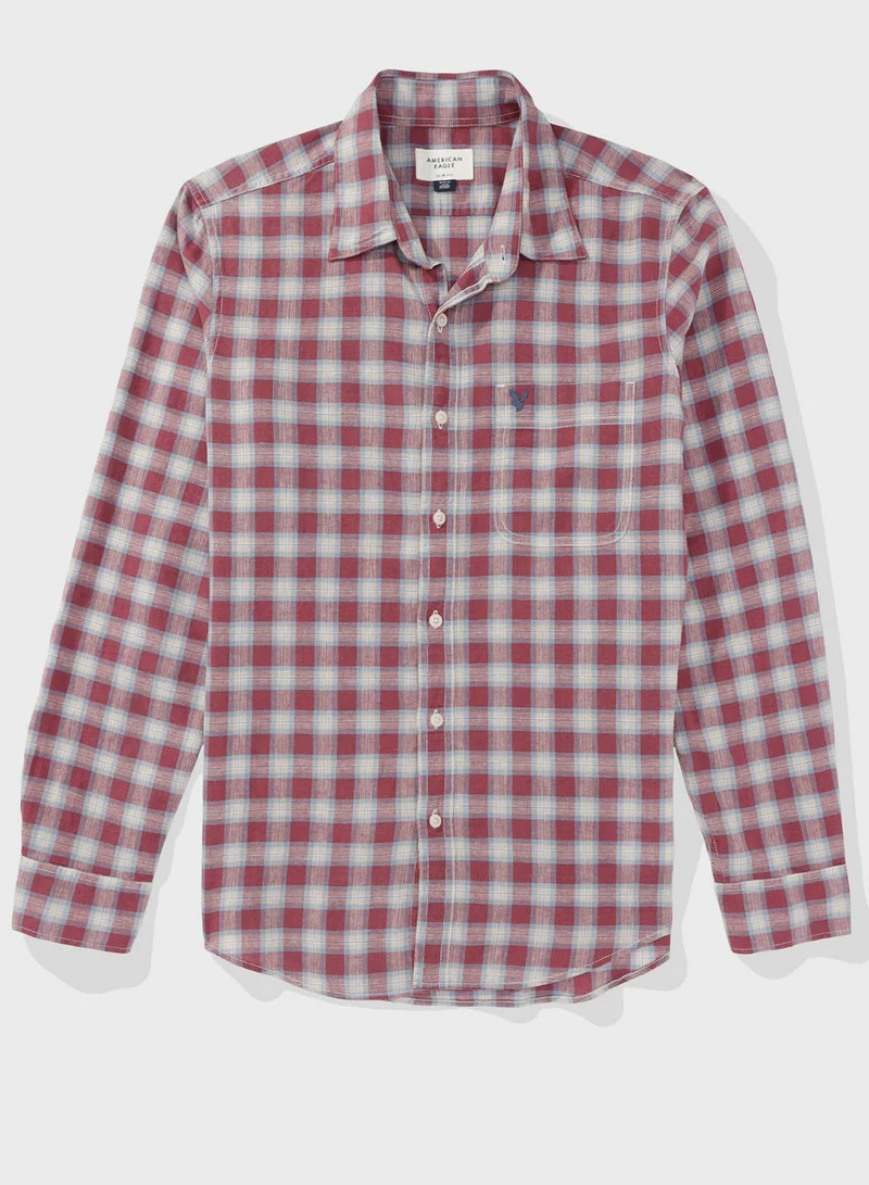 American Eagle Checked Slim Fit Linen Blend Button Down Shirt