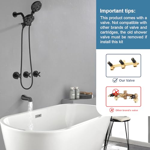 DIFEINI 3 Handles Shower Faucet Set with Tub Spout Bathtub Shower Faucet Combo Set Shower Systems Complete Tub and Shower Trim Kit Matte Black… - Image 2