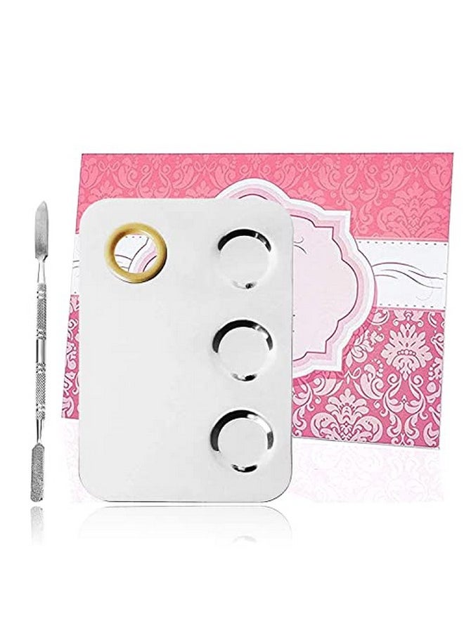 KissDate Makeup Palette 6X4Inch Stainless Steel 3Well Nailart Cosmetic Artist Mixing Palette With Spatula Tool For Mixing Foundation Silver  - Image 1
