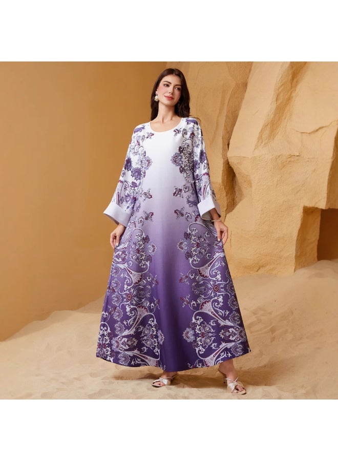 Elegant style Round neck Flowers Bead Rhinestone Pos-flower Regular sleeve Kaftan Dress Abaya-XL - Image 4