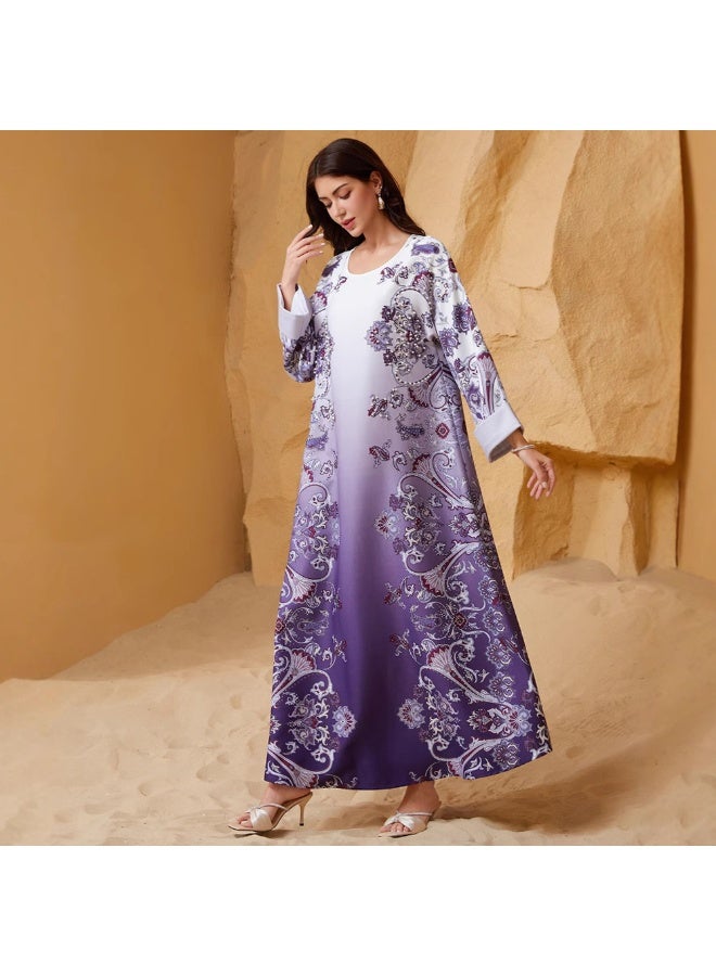 Elegant style Round neck Flowers Bead Rhinestone Pos-flower Regular sleeve Kaftan Dress Abaya-XL - Image 3