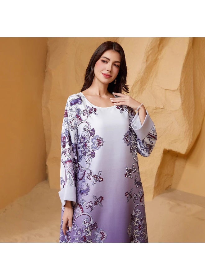 Elegant style Round neck Flowers Bead Rhinestone Pos-flower Regular sleeve Kaftan Dress Abaya-XL - Image 5