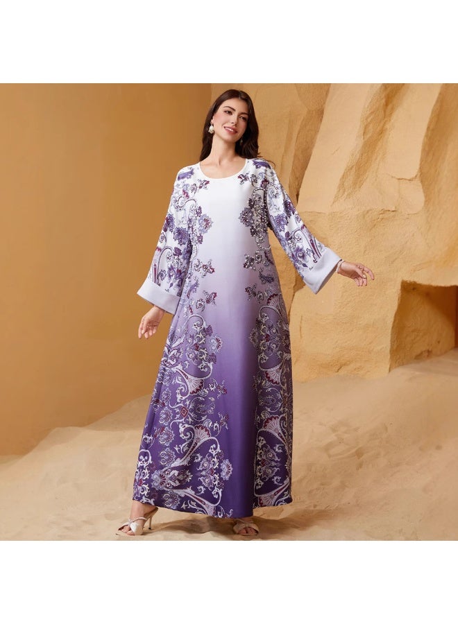 Elegant style Round neck Flowers Bead Rhinestone Pos-flower Regular sleeve Kaftan Dress Abaya-XL - Image 1