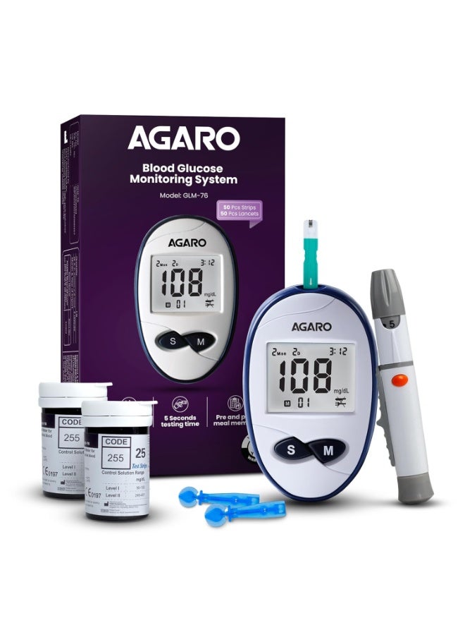 AGARO Glucometer, Blood Glucose Monitoring System with 50pcs Strips & Lancets, Glucometer Machine, Instant Blood Sugar Test at Home, Fast Blood Sugar Testing Device, Simple & Accurate, GLM-76. - Image 1
