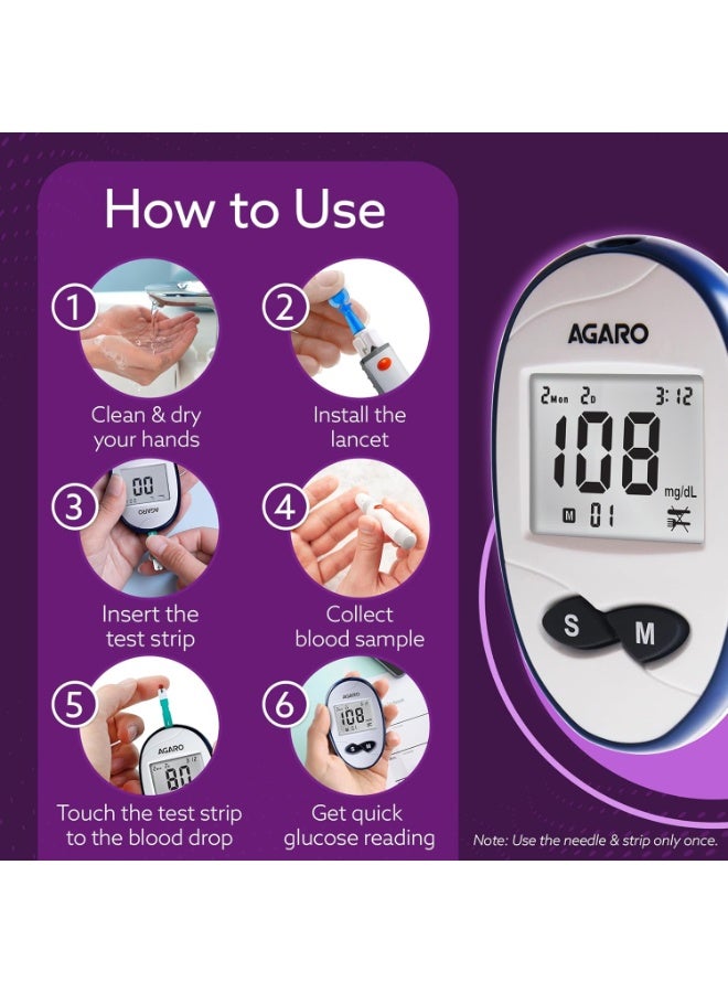 AGARO Glucometer, Blood Glucose Monitoring System with 50pcs Strips & Lancets, Glucometer Machine, Instant Blood Sugar Test at Home, Fast Blood Sugar Testing Device, Simple & Accurate, GLM-76. - Image 2