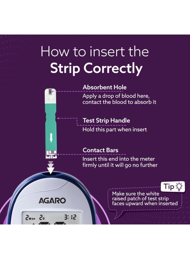 AGARO Glucometer, Blood Glucose Monitoring System with 50pcs Strips & Lancets, Glucometer Machine, Instant Blood Sugar Test at Home, Fast Blood Sugar Testing Device, Simple & Accurate, GLM-76. - Image 3
