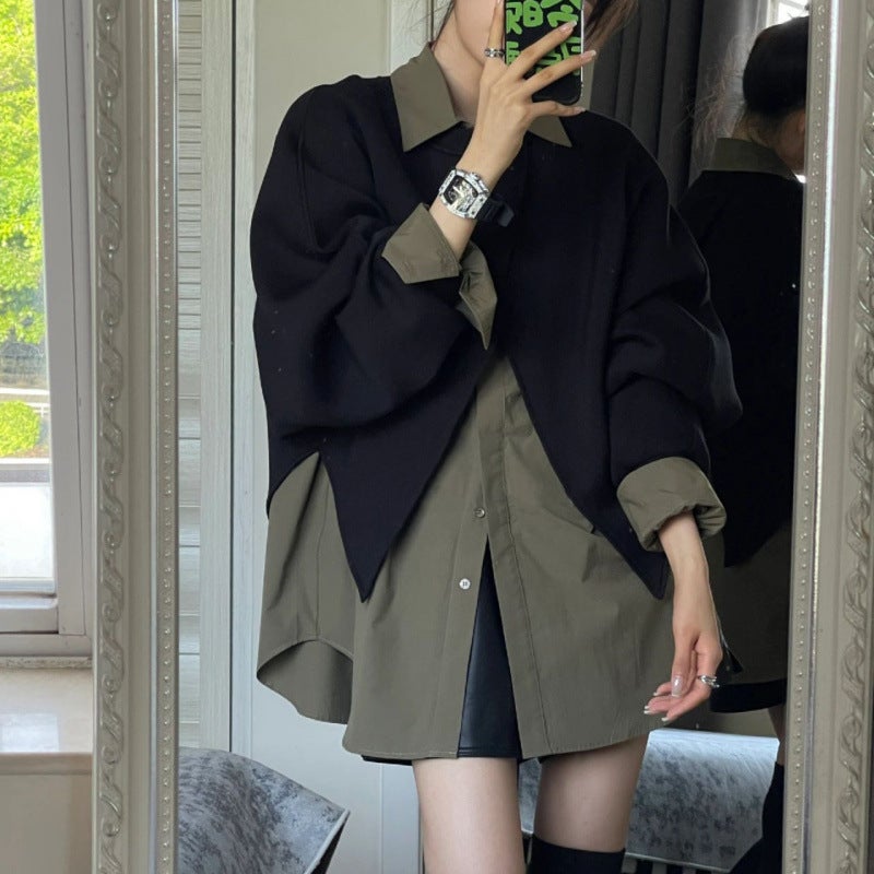 Korean INS Chic Irregular Sweater  Loose Layering Shirt Set Single black sweatshirt