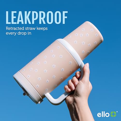 Ello إيلو أواسي 30 أونصة كوب مع مقبض وقشة قابلة للسحب | كوب فولاذي مقاوم للصدأ معزول قابل لإعادة الاستخدام 100% ضد التسرب، هدايا للمراهقين والنساء والرجال | يحافظ على البرودة لمدة 24 ساعة، مناسب لحامل الأكواب، زهور الأقحوان - Image 2