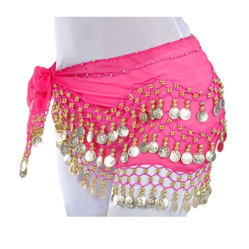 Lauthen.S 128 Coins Belly Dance Hip Scarf Tribal Belt Halloween Genie Costume Accessory Hot Pink - Image 2