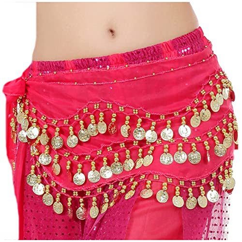 Lauthen.S 128 Coins Belly Dance Hip Scarf Tribal Belt Halloween Genie Costume Accessory Hot Pink - Image 5