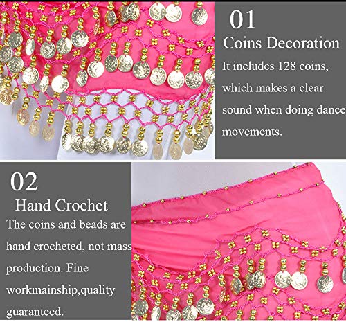 Lauthen.S 128 Coins Belly Dance Hip Scarf Tribal Belt Halloween Genie Costume Accessory Hot Pink - Image 4