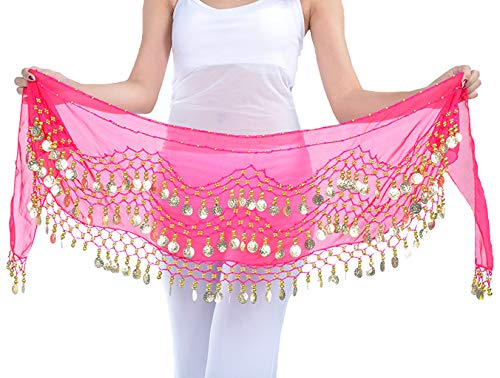 Lauthen.S 128 Coins Belly Dance Hip Scarf Tribal Belt Halloween Genie Costume Accessory Hot Pink - Image 3
