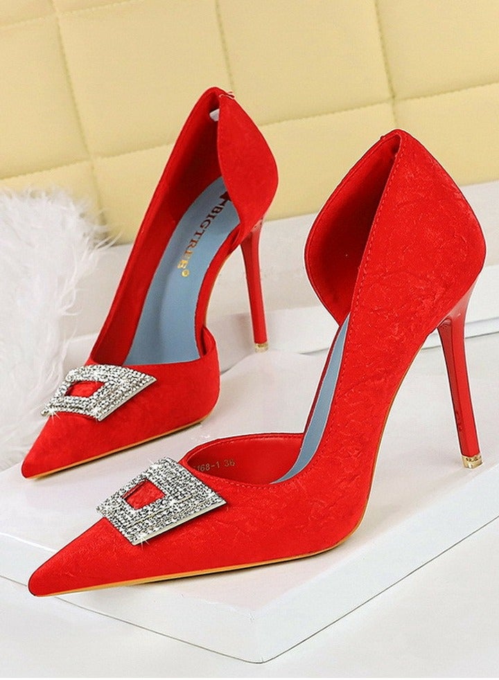 BIGTREE Women's Elegant Satin Closed Pointed Toe High Heels Rhinestone Decoration Stiletto Pumps Red 10.5CM - Image 1