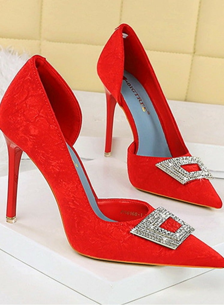 BIGTREE Women's Elegant Satin Closed Pointed Toe High Heels Rhinestone Decoration Stiletto Pumps Red 10.5CM - Image 2