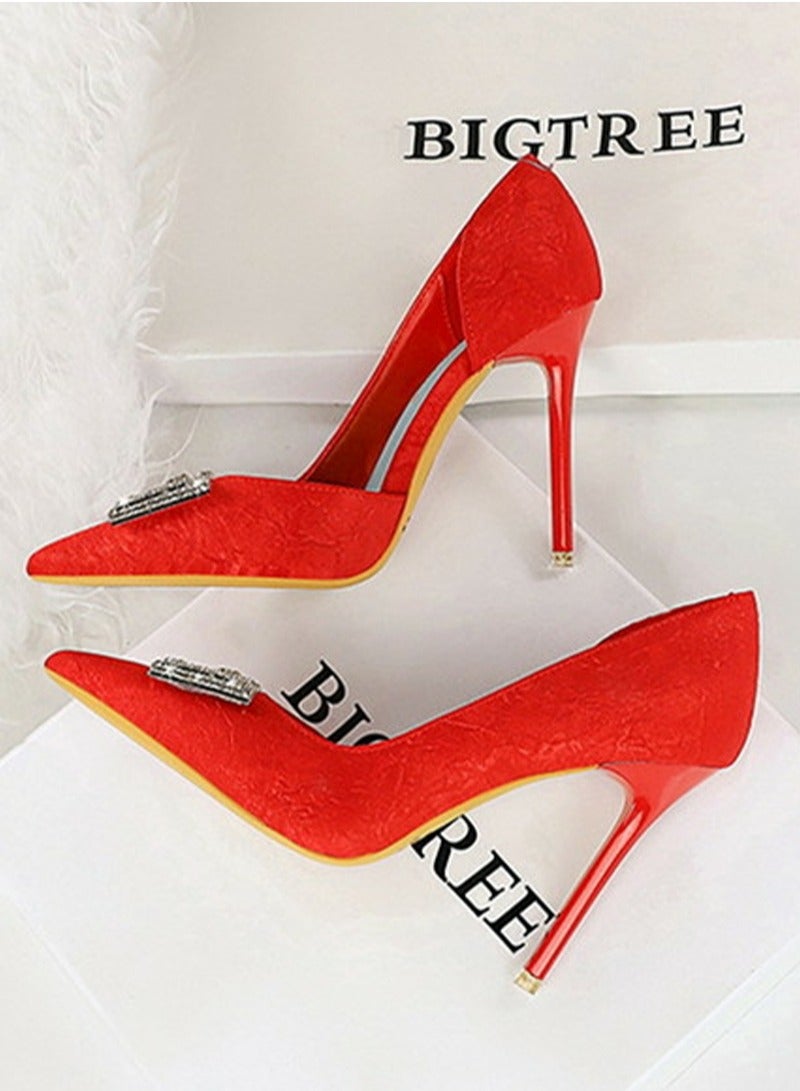 BIGTREE Women's Elegant Satin Closed Pointed Toe High Heels Rhinestone Decoration Stiletto Pumps Red 10.5CM - Image 3