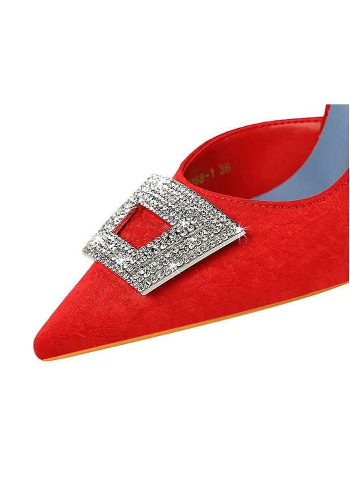 BIGTREE Women's Elegant Satin Closed Pointed Toe High Heels Rhinestone Decoration Stiletto Pumps Red 10.5CM - Image 4