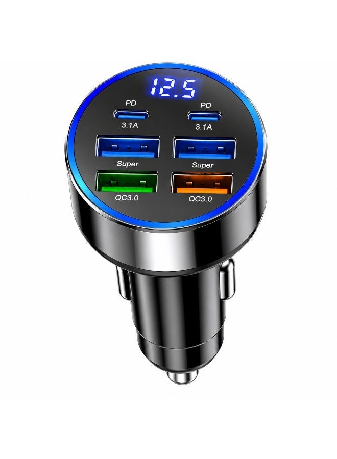 شاحن سيارة سريع 120 واط 6 منافذ PD QC3.0 USB Type-C مع شاشة LED لأجهزة آيفون وسامسونج وأندرويد لون أسود - Image 1