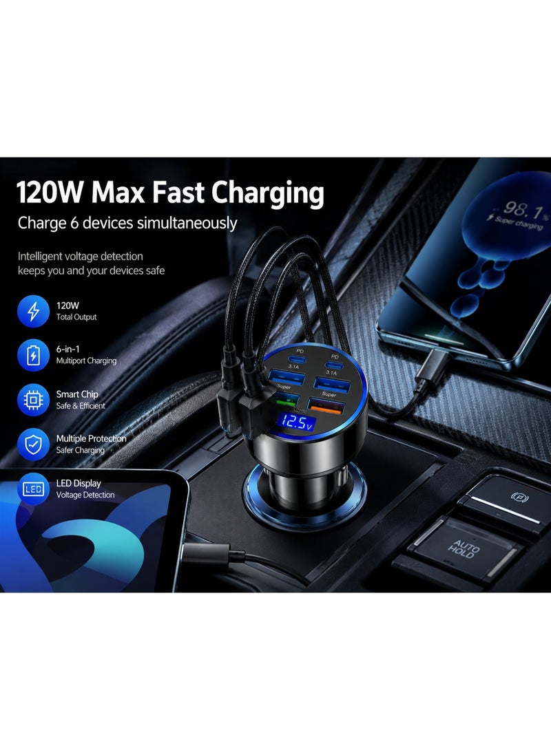 شاحن سيارة سريع 120 واط 6 منافذ PD QC3.0 USB Type-C مع شاشة LED لأجهزة آيفون وسامسونج وأندرويد لون أسود - Image 3