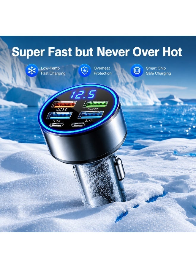 شاحن سيارة سريع 120 واط 6 منافذ PD QC3.0 USB Type-C مع شاشة LED لأجهزة آيفون وسامسونج وأندرويد لون أسود - Image 4