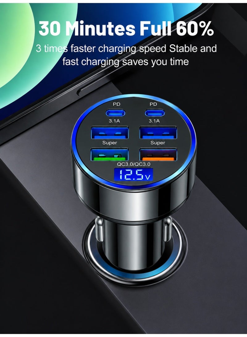 شاحن سيارة سريع 120 واط 6 منافذ PD QC3.0 USB Type-C مع شاشة LED لأجهزة آيفون وسامسونج وأندرويد لون أسود - Image 2