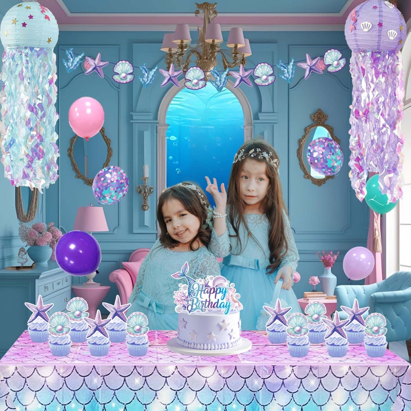 jenlion Mermaid Birthday Decorations For Women,Colorful Jellyfish Lanterns,Happy Birthday Backdrop,Banner Balloons,Table Cloth,Paper pom poms Party Supplies for Girls - Image 4