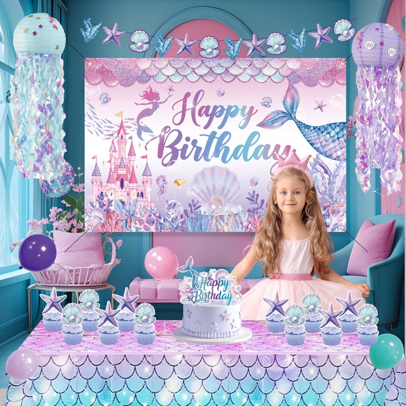 jenlion Mermaid Birthday Decorations For Women,Colorful Jellyfish Lanterns,Happy Birthday Backdrop,Banner Balloons,Table Cloth,Paper pom poms Party Supplies for Girls - Image 3