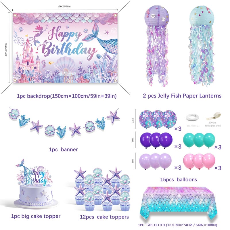 jenlion Mermaid Birthday Decorations For Women,Colorful Jellyfish Lanterns,Happy Birthday Backdrop,Banner Balloons,Table Cloth,Paper pom poms Party Supplies for Girls - Image 2