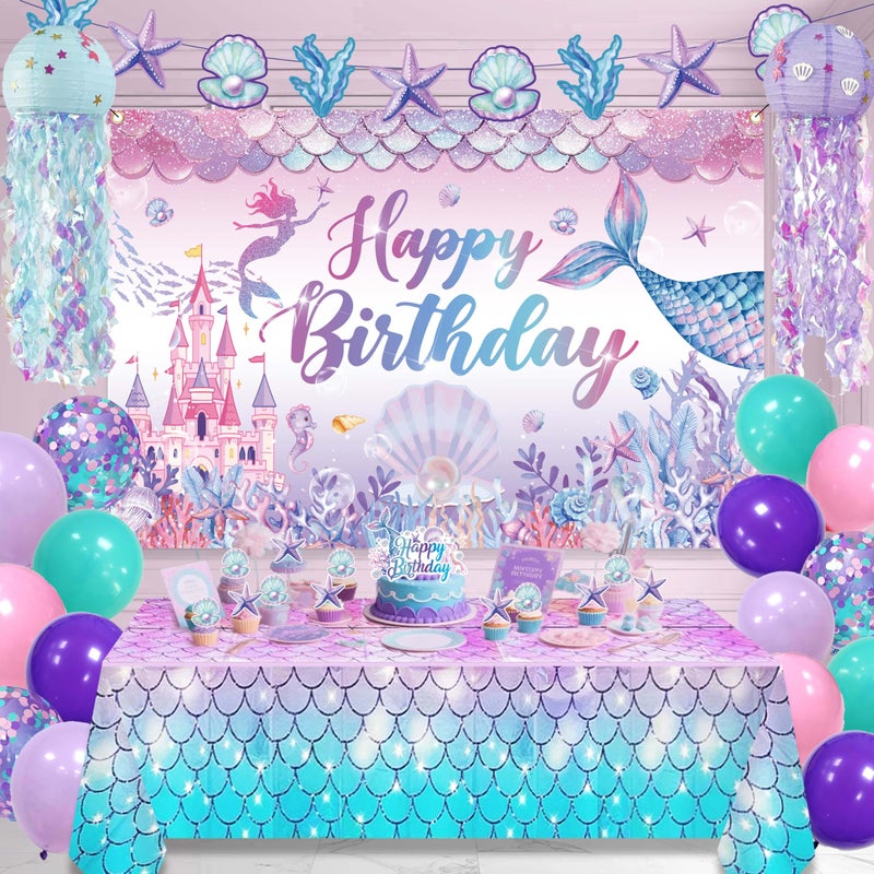 jenlion Mermaid Birthday Decorations For Women,Colorful Jellyfish Lanterns,Happy Birthday Backdrop,Banner Balloons,Table Cloth,Paper pom poms Party Supplies for Girls - Image 1