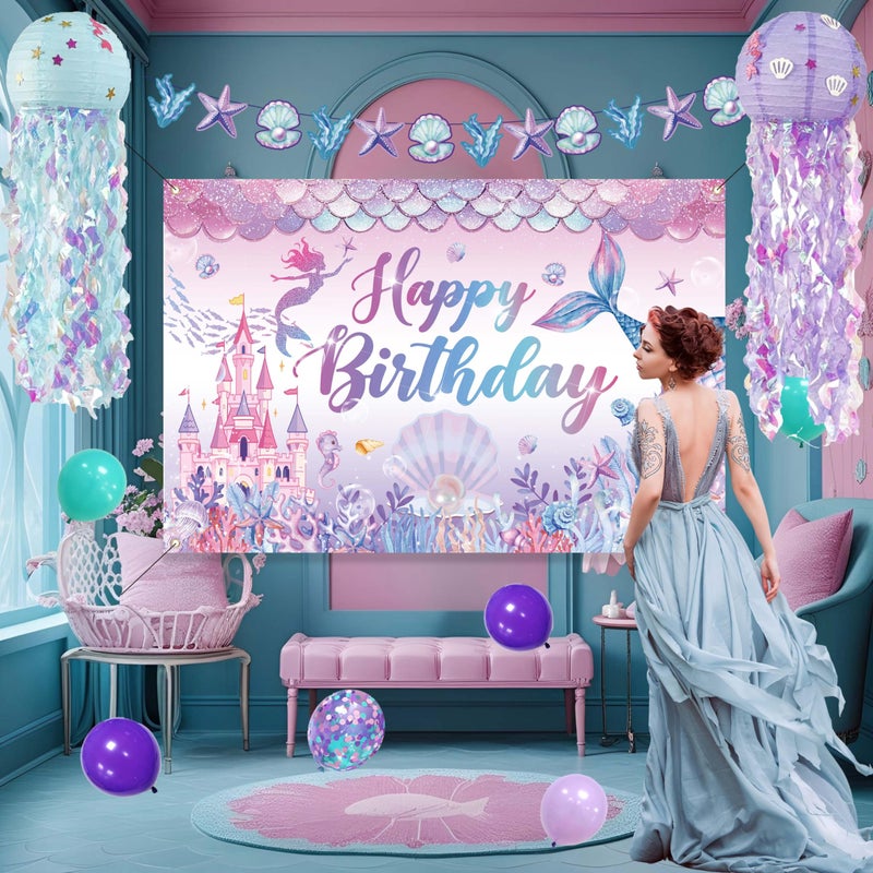 jenlion Mermaid Birthday Decorations For Women,Colorful Jellyfish Lanterns,Happy Birthday Backdrop,Banner Balloons,Table Cloth,Paper pom poms Party Supplies for Girls - Image 5