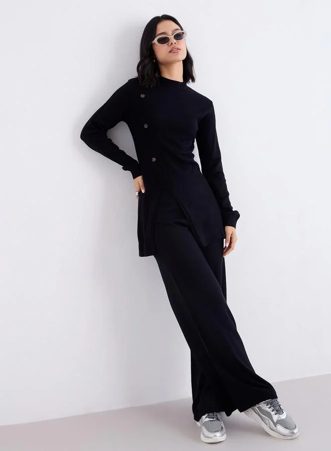 Amirah Amirah Black Slit Hem Knit Top and Trousers Modest Set