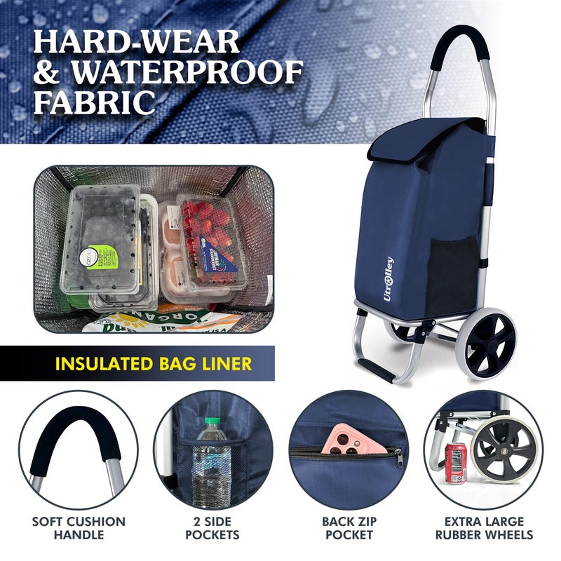 UTROLLEY Ultra-Lightweight Foldable Grocery Cart with 40L Capacity, Soft Rolling Wheels, Removable Insulated Bag â€“ Multi-Purpose Personal Hand Truck (Blue) - Image 2