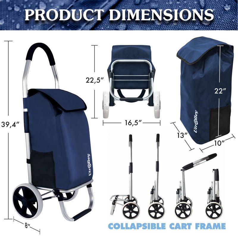 UTROLLEY Ultra-Lightweight Foldable Grocery Cart with 40L Capacity, Soft Rolling Wheels, Removable Insulated Bag â€“ Multi-Purpose Personal Hand Truck (Blue) - Image 3