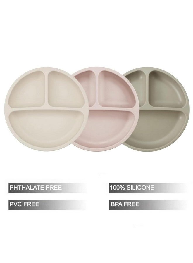 PandaEar 3 Pack Toddler Plates, Divided Suction Silicone Baby and Toddler Plates,Non-Slip - Dishwasher and Microwave Safe (Brown Tea Flax) - Image 1