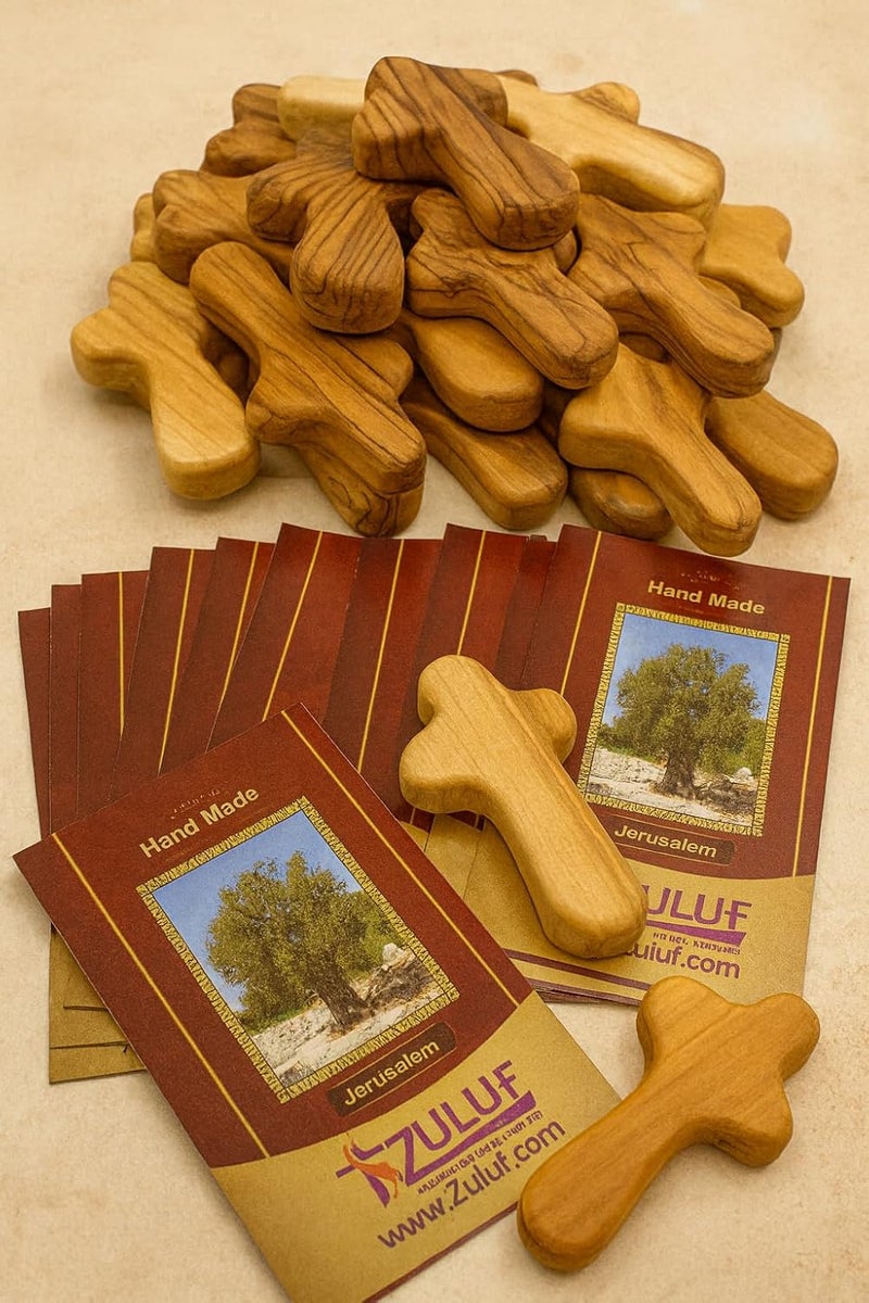 Zuluf صليب الراحة الصغير من خشب الزيتون 25 من زلف من بيت لحم، إسرائيل، هدية دينية لحملها في الجيب للأطفال والبالغين 6 سم 25 بوصة لكل صليب - Image 4