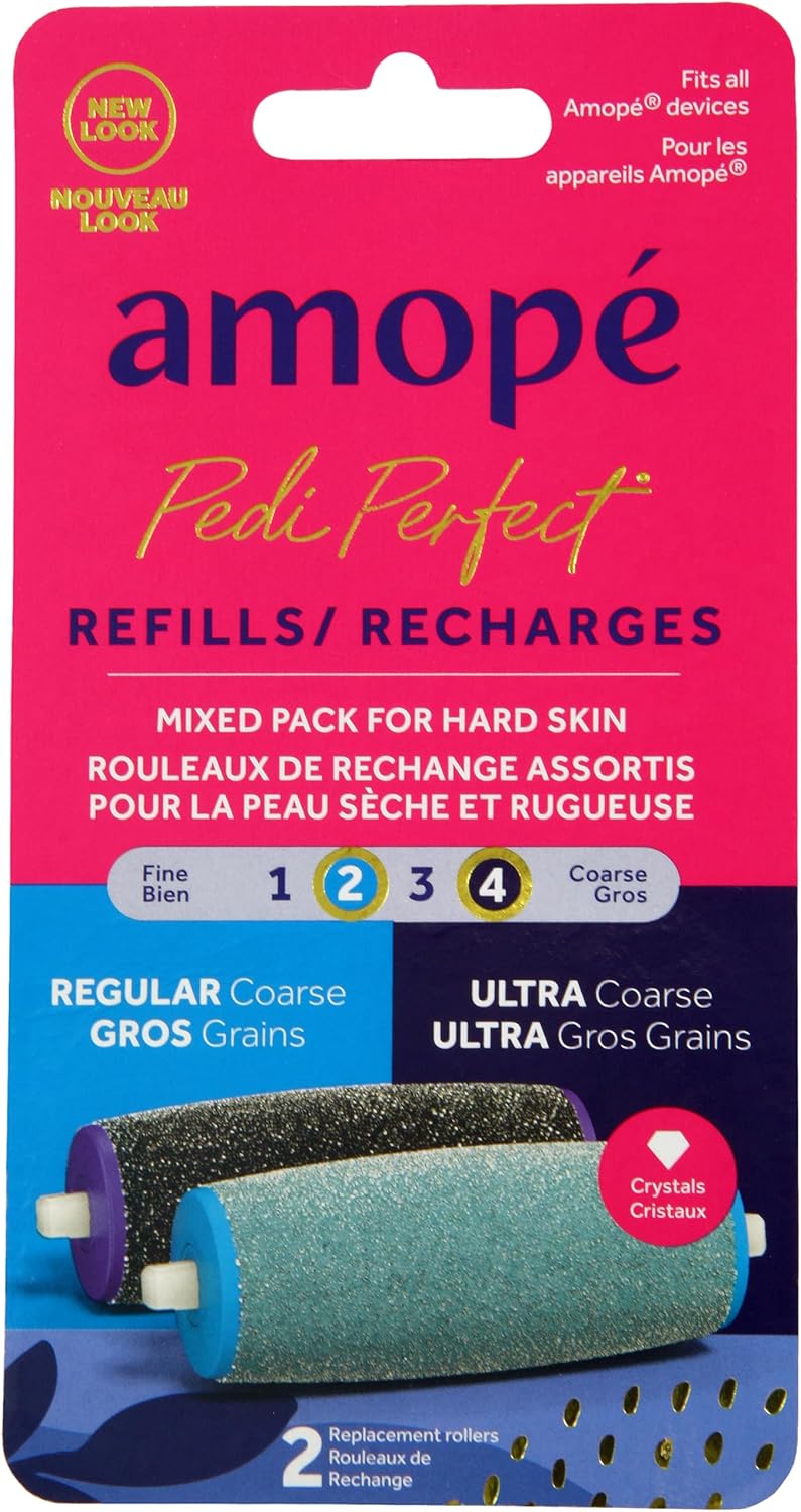 Amope Amope Pedi Perfect Electric Callus Remover Foot File Roller Head Refills with Diamond Crystals Removes Hard  Dead Skin Mixed Pack for Hard Skin 1 Regular Coarse  1 Ultra Coarse Refill  2 Count 